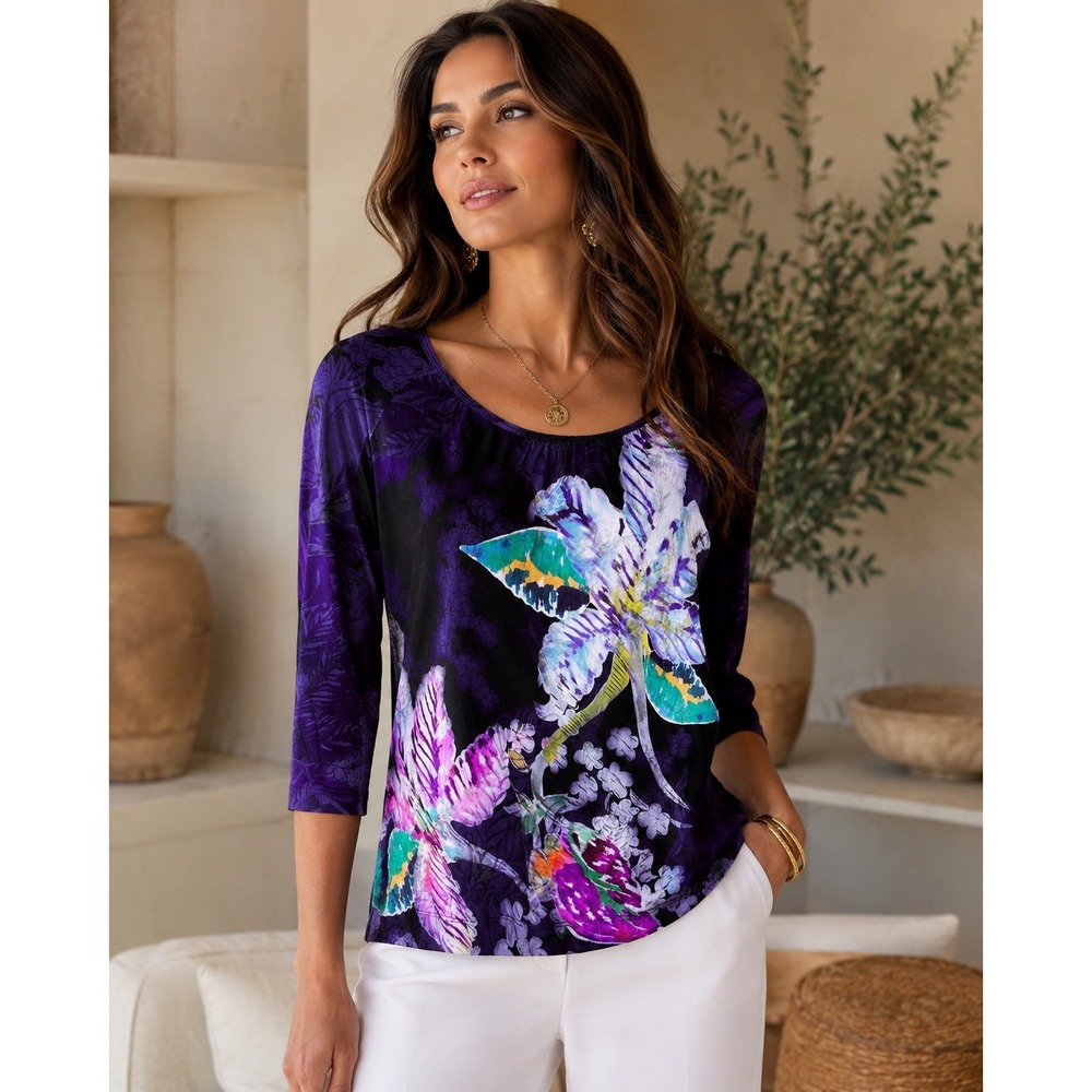 St. John Blue Floral Tropical Knit Top Medium Scoop Neck Resort Luxury Travel
